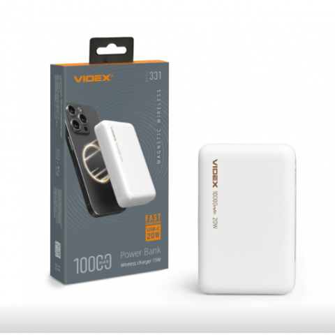 Повербанк з бездротовою зарядкою 10000mAh VIDEX VPB-331 PD20W Білий