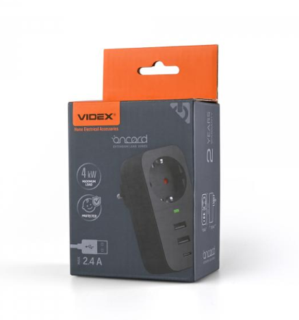 Мережевий адаптер Videx з/з 1п 2.4A 2USB+USB-C Oncord