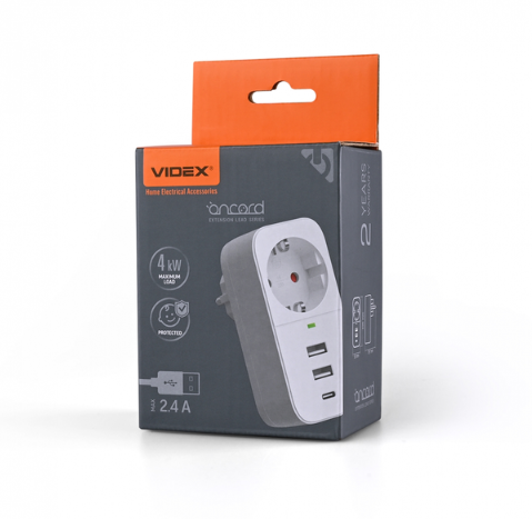 Мережевий адаптер Videx з/з 1п 2.4A 2USB+USB-C Oncord